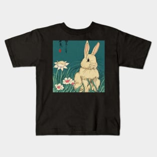 American Fuzzy Lop Rabbit Baby Bunny with White Flowers Kids T-Shirt